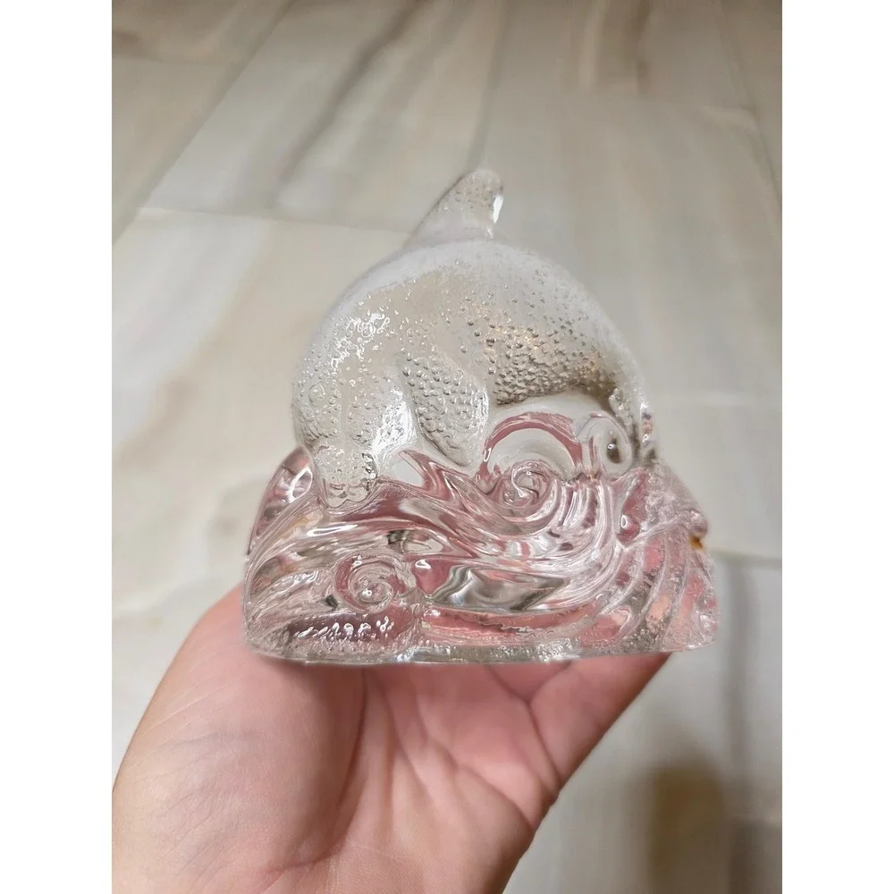 Clear Art Glass Dolphin Wave Votive Candle Holder Nautical Figurine 4.5‎ inch E1